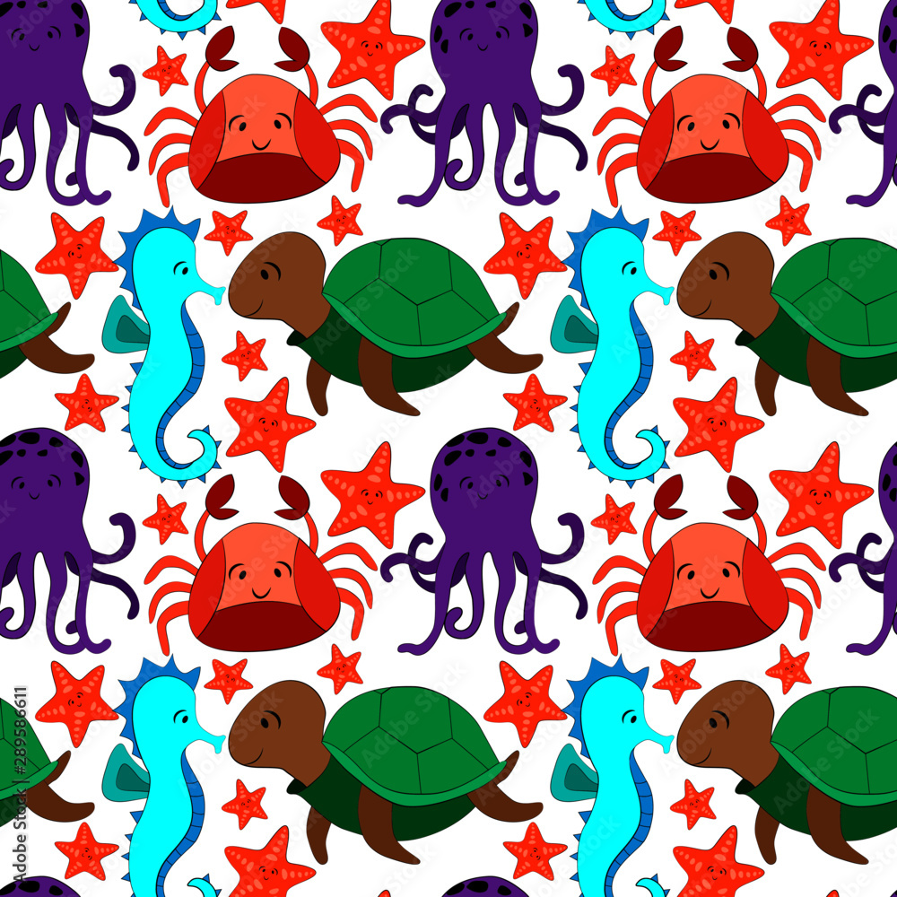Naklejka premium seamless pattern with sea animals, picture in cartoon style