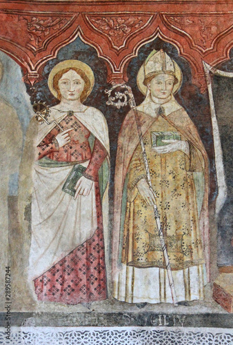 Santa Caterina d'Alessandria e San Vigilio; affresco nella chiesa di San Vigilio a Cles, Trentino