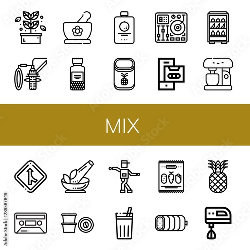 Set of mix icons such as Herb, Dubbing, Herbs, Spices, Fruit, Pineapple, Mixing table, Cassette, Fruits, Mixer, Merge, Coffee capsule, Shuffle, Chicha de frutilla, Mix, Boiled , mix