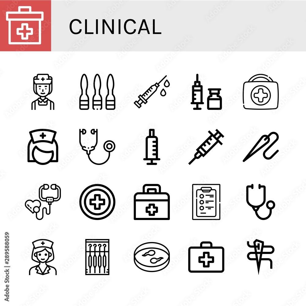 Set of clinical icons such as First aid kit, Nurse, Syringe, Stethoscope, Needle, Red cross, Diagnosis, Sample , clinical