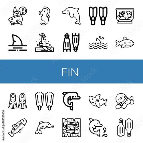 Set of fin icons such as Shark, Seahorse, Dolphin, Flippers, Fish tank, Fins, Trout, Mackerel, Pool kickboard , fin