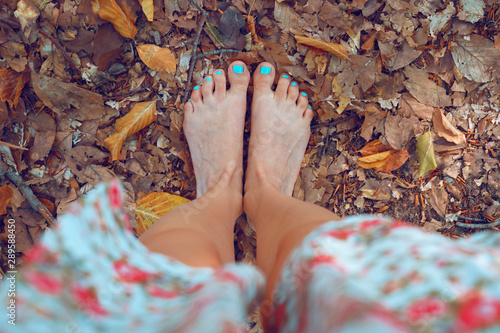 Billede på lærred High angle view on naked feet of woman standing barefoot on the dry leaves in th