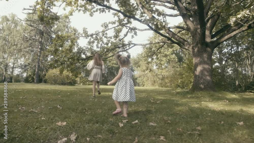 Baby girl with mother running through the grass in the summer sunlight in park. Baby have fun. Happy family concept. Child with mother running. Baby girl with mother running through the grass in the summer sunlight in park. Baby have fun. Happy family concept. Child with mother running.