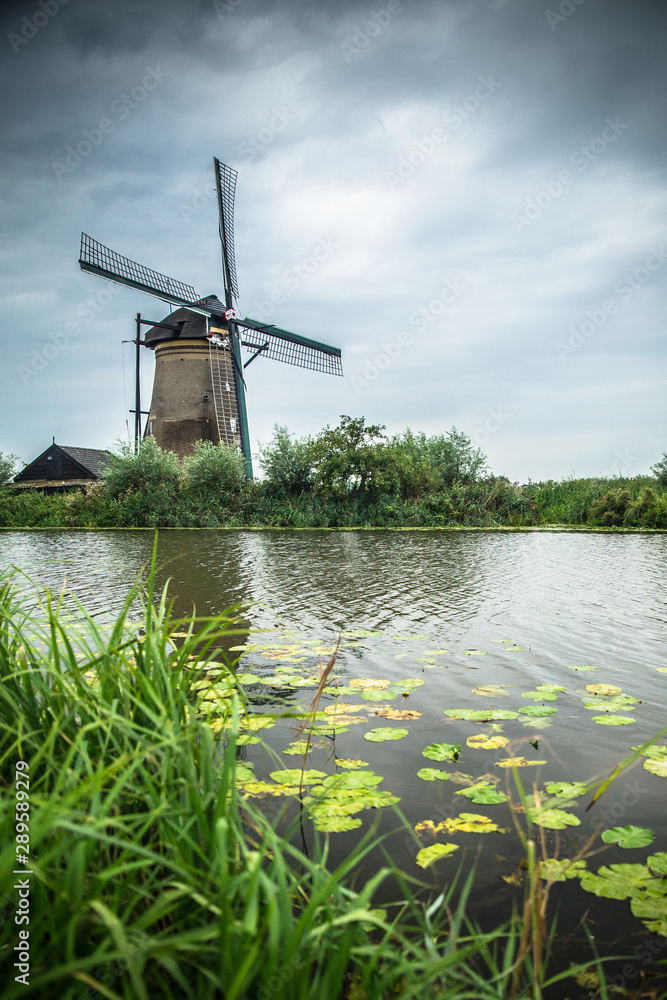 Dutch windmill and surrounding landscape at Kinderdijk in Netherlands 