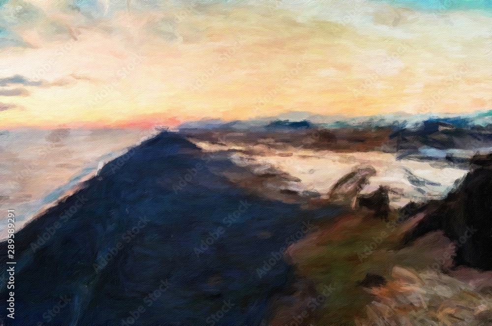 Digital mountains view oil painting with real brush strokes effect. Contemporary impressionism mixed style wall art print. Power of nature scene. Vacation postcards and prints design. Beauty artwork. Digital mountains view oil painting with real brush strokes effect. Contemporary impressionism mixed style wall art print. Power of nature scene. Vacation postcards and prints design. Beauty artwork.
