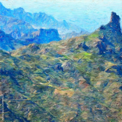 Digital mountains view oil painting with real brush strokes effect. Contemporary impressionism mixed style wall art print. Power of nature scene. Vacation postcards and prints design. Beauty artwork.