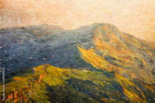 Digital mountains view oil painting with real brush strokes effect. Contemporary impressionism mixed style wall art print. Power of nature scene. Vacation postcards and prints design. Beauty artwork.