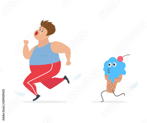 Fat man runs away from a big ice cream.