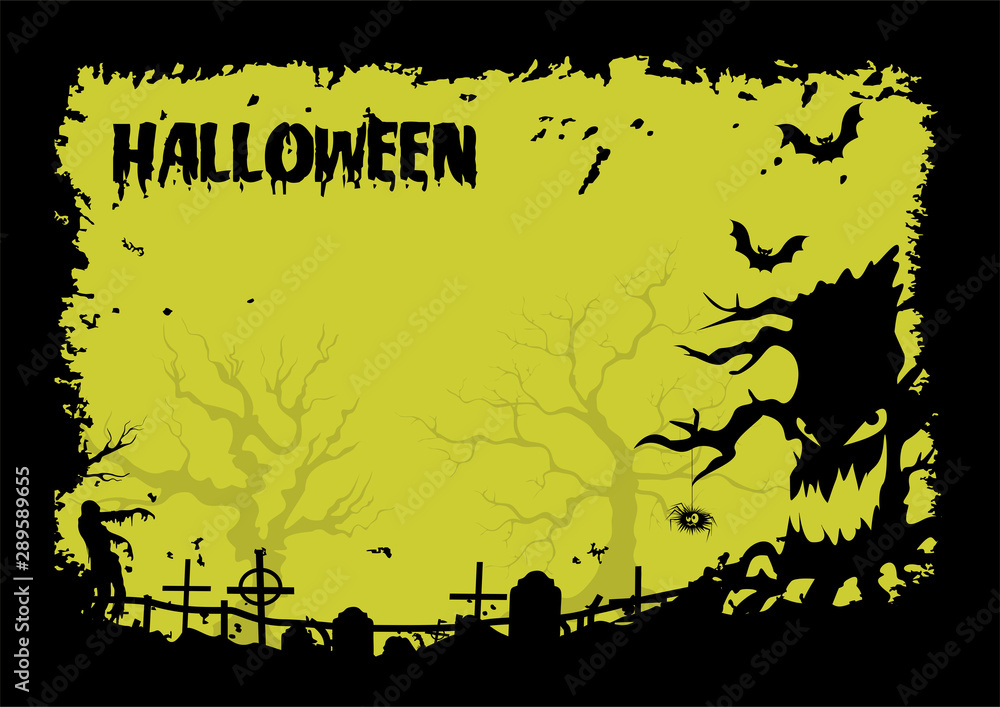 Ominous  Halloween illustration with graveyard, zombie, spider, evil tree and bats