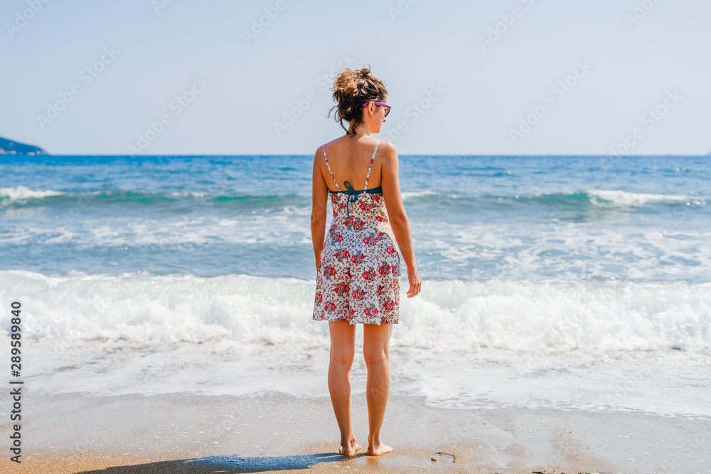 Back rear view of young woman in summer dress standing by the sea or the ocean seaside beach on vacation travel holiday looking to the sea Back rear view of young woman in summer dress standing by the sea or the ocean seaside beach on vacation travel holiday looking to the sea