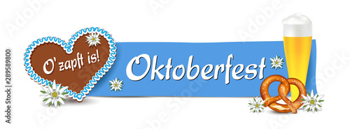Oktoberfest Banner, Lebkuchen Herz mit Bier, Brezel und Edelweiss,  Vektor Illustration isoliert auf weißem Hintergrund