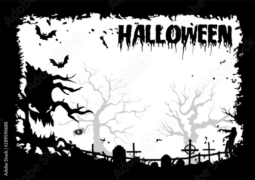 Halloween illustration with zombies, evil tree, spider and bats