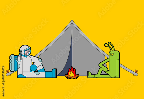 Astronaut and alien on picnic. Spaceman and green Space Invader on camping. vector illustration