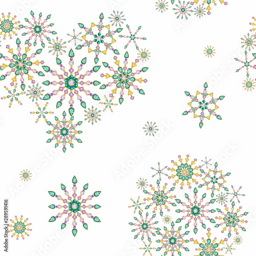 Seamless pattern heart and ball from Watercolor Christmas snowflake crystal. Beautiful bright colors jewelry decoration. Fashion brilliant stones, rhinestones. New Year fabric texture