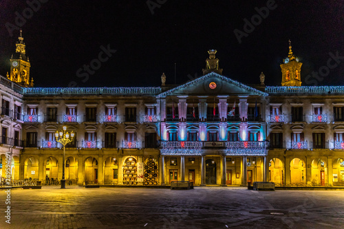 Photos Plaza Nueva (or Plaza de Espana) and city hall illuminated for Christmas, Vitori