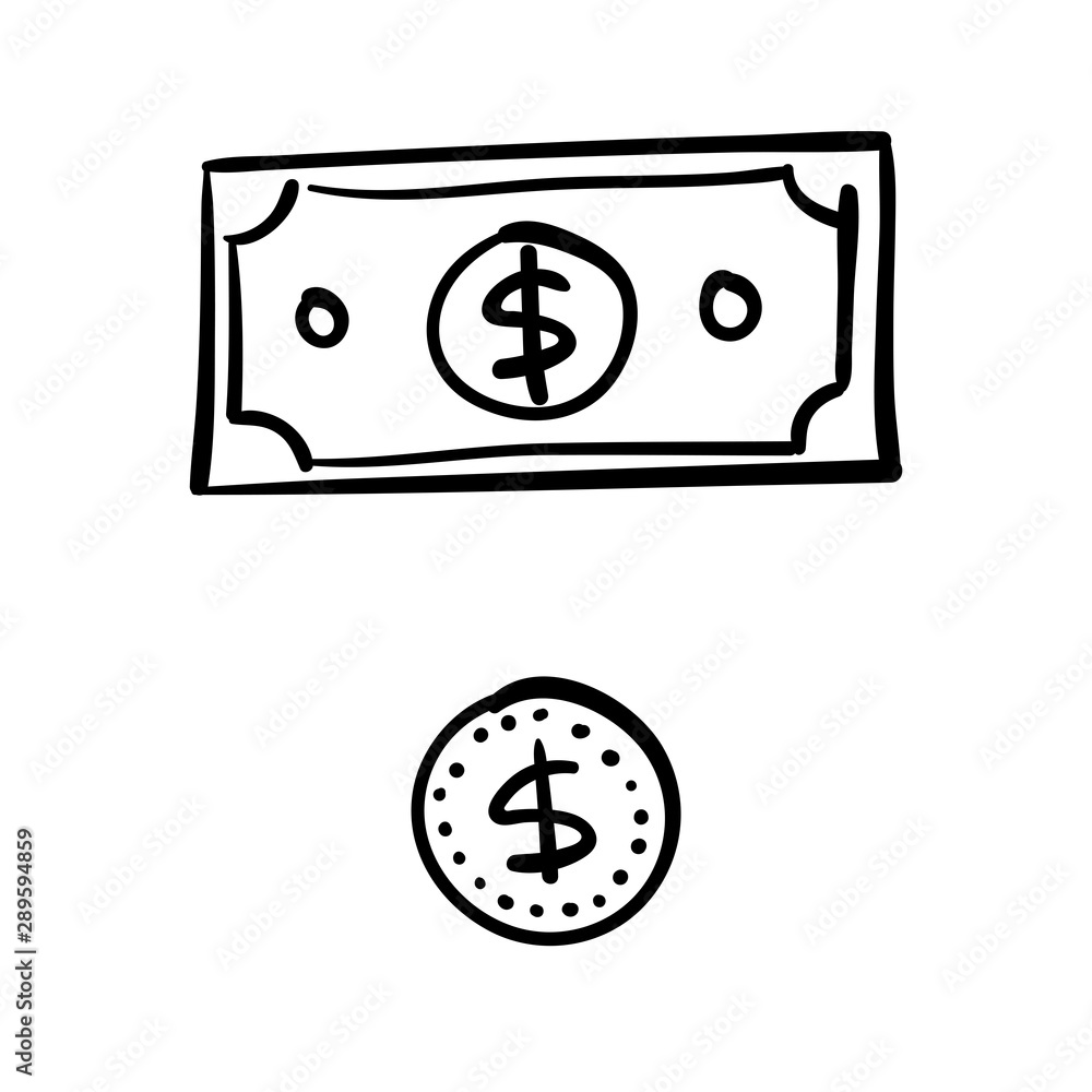 Dollar bill and coin doodles. Hand drawn cash money symbols. Dollar bill and coin doodles. Hand drawn cash money symbols.