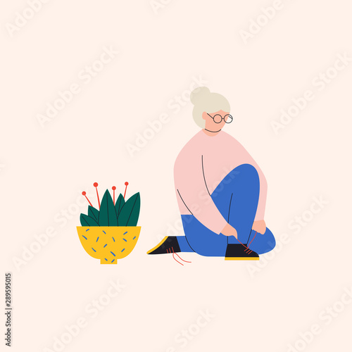 Old woman trying to tie shoe lashes. Elderly woman having difficulties completing familiar tasks. Cute senior woman sitting near flower in pot. Flat vector illustration
