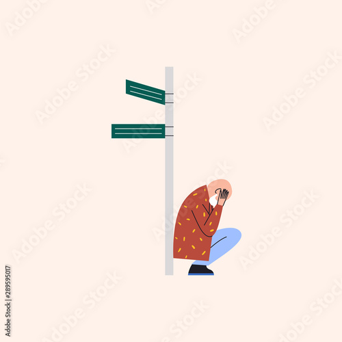 Lost elderly man sitting under street pointer and crying. Old man showing confusion with time and place waiting for help. Alzheimer's symptom. Flat vector illustration