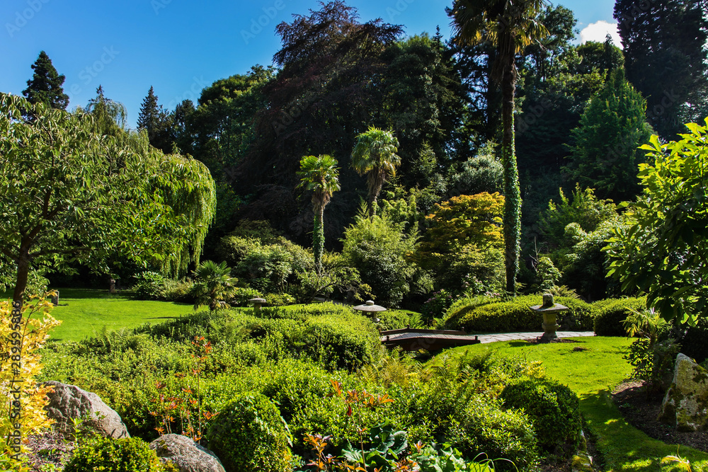 Beautiful Japanese gardens in Powerscourt, with small bridge and variety of flowers and trees, Wicklow, Ireland