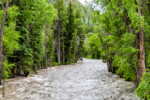 Water view from highway road 133 in Redstone, Colorado during summer with Crystal river by trees