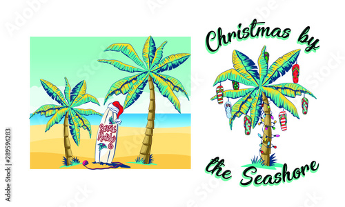 Christmas greeting card with palm tree and tropical leaf. Banner template with luminous garlands for new year holidays. Palm tree decorated with beach Slippers as Christmas decorations