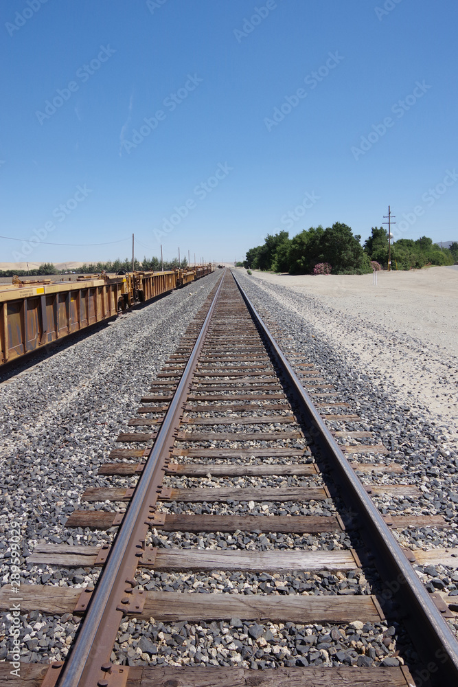 A landscape scene looking south with railroad tracks lined by a chain of seemingly forgotten rail transport wagons; mountains and trees in the central California inland distance and blue sky above