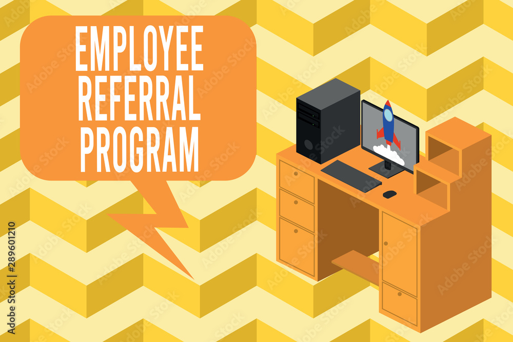 Fototapeta premium Writing note showing Employee Referral Program. Business concept for employees are rewarded for introducing recruits Desktop station drawers personal computer launching rocket