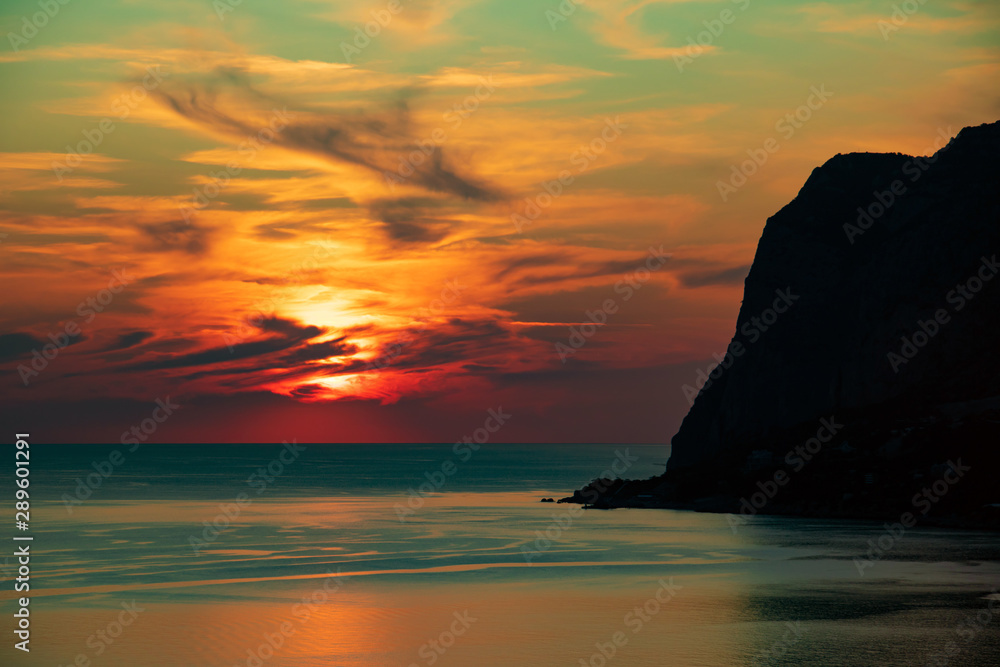 Orange sunset sea horizon view at sunset