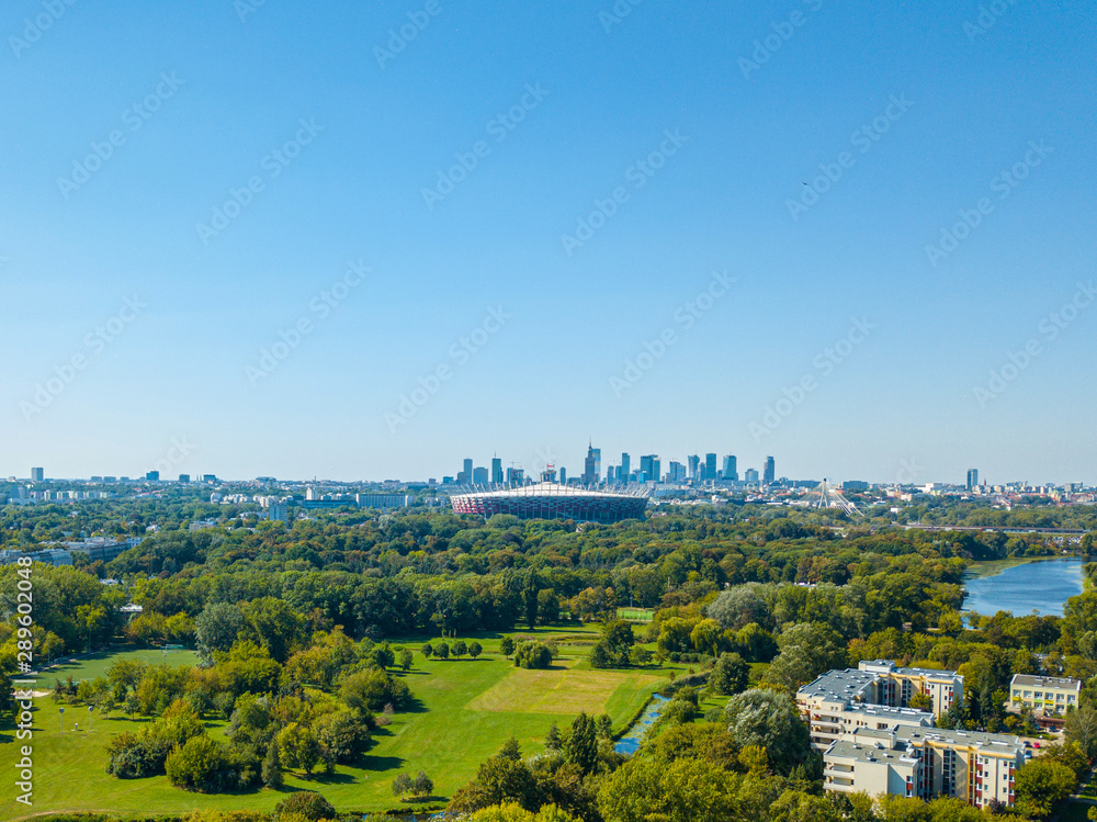 Panoramic view towards the center of Warsaw together with the stadium from the Prague Warsaw district. 