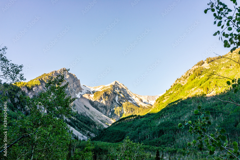 Obraz premium Green trees in sunny sunlight on Snowmass Lake hike trail in Colorado in National Forest park and rocky snow mountain in background