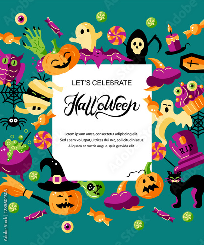 Halloween card with celebratory subjects. Hand drawn lettering Halloween. Place for text. Flat style vector illustration. Great for party invitation, flyer, greeting card.