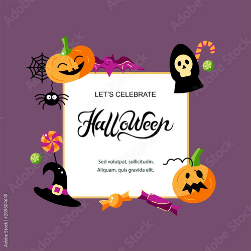 Halloween card with celebratory subjects. Handwriting lettering Halloween. Place for text. Flat style vector illustration. Great for party invitation, flyer, greeting card, web.