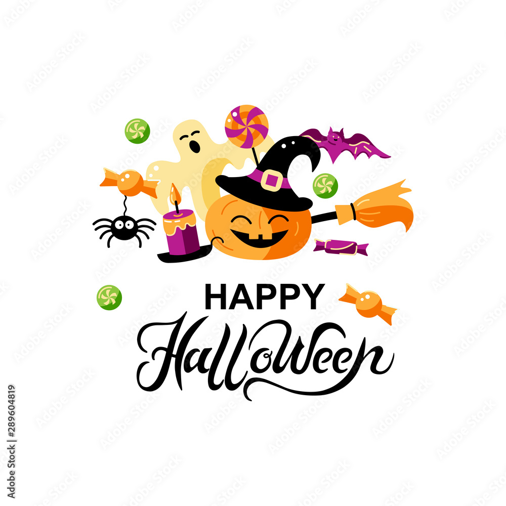 Happy Halloween card with celebratory subjects. Hand drawn lettering Halloween. Flat style vector illustration. Great for party invitation, flyer, greeting card, print.