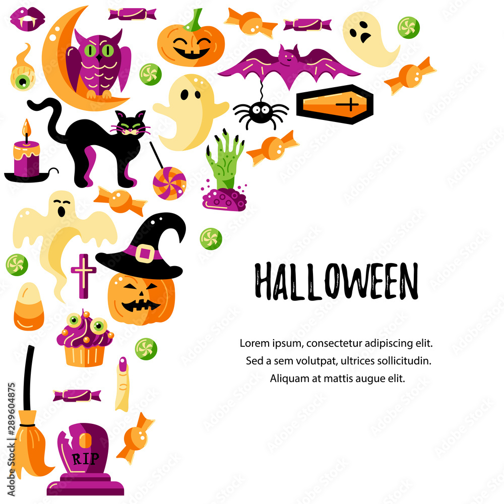 Fototapeta premium Halloween card with celebratory subjects. Place for text. Flat style vector illustration. Great for party invitation, flyer, greeting card.