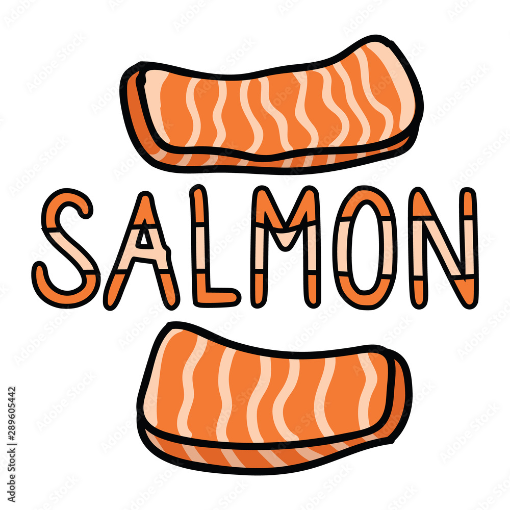 Cute salmon sashimi typography graphic. Hand drawn japanese sushi snack