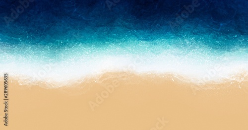 Canvas Print Aerial view beach by watercolor brush painting in brown sand and blue green sea wave for backgrounds or banner in concept relax, vacation, holiday or summer
