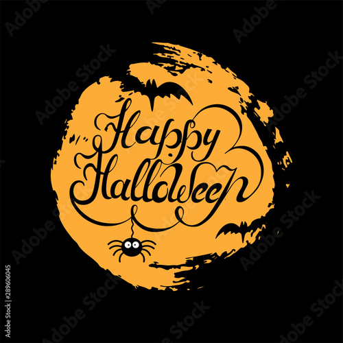 Happy Halloween hand drawn lettering with moon  bats and spider. Vector illustration isolated on background. Great for greeting card  print  party invitation  t-shirt design  flyer.