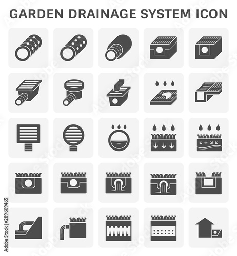 Garden drainage system or french drain vector icon consist of sewer pipe, infiltration basin, catch basin, gutter. To install at underground for rainwater, stormwater and wastewater to flow, runoff.