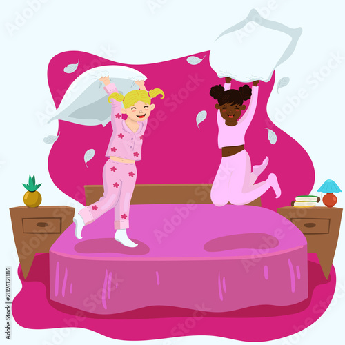 Pillow fight girls. Illustration in pink colors. Vector graphics.