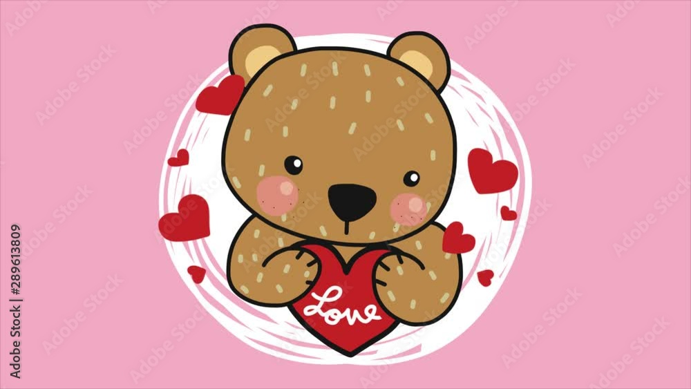 Cute brown bear hugging heart cartoon doodle style