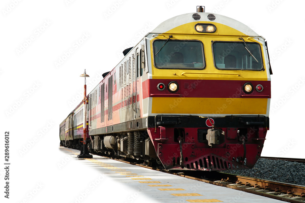 Yellow locomotive train on railroad tracks with platform on white background. Yellow locomotive train on railroad tracks with platform on white background.