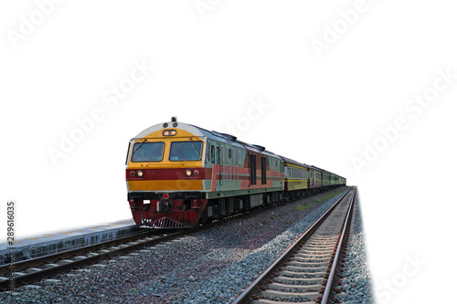 Yellow locomotive train on railroad tracks with siding and platform on white background.
