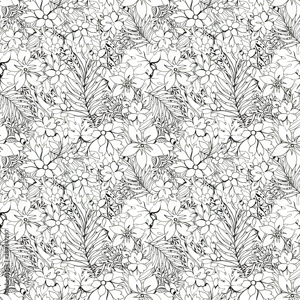 Black and White outline seamless pattern Floral background Flowers wallpaper  plants on white background Drawn decorative flowers pattern. Design for home  decor, fabric, carpet, wrapping, card Stock Illustration | Adobe Stock