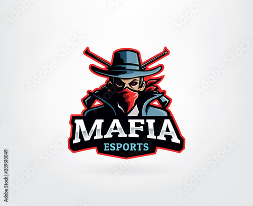 Gangster mascot logo with man in bandana and crossed gun. Man with fedora hats and suits vector. Mafia E Sport Logo Mascot, Mafia, Gangster, Crime. Vector illustration
