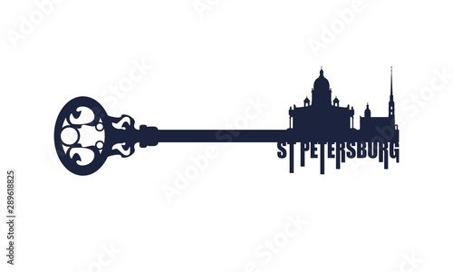 Silhouette of the Saint Isaac Cathedral and Peter and Paul fortress in Saint Petersburg Russia. Flat design style modern illustration concept of a key of travel.