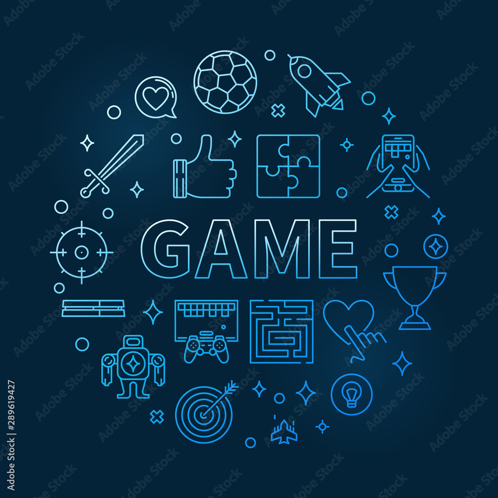 Game vector round blue concept outline illustration on dark background Game vector round blue concept outline illustration on dark background