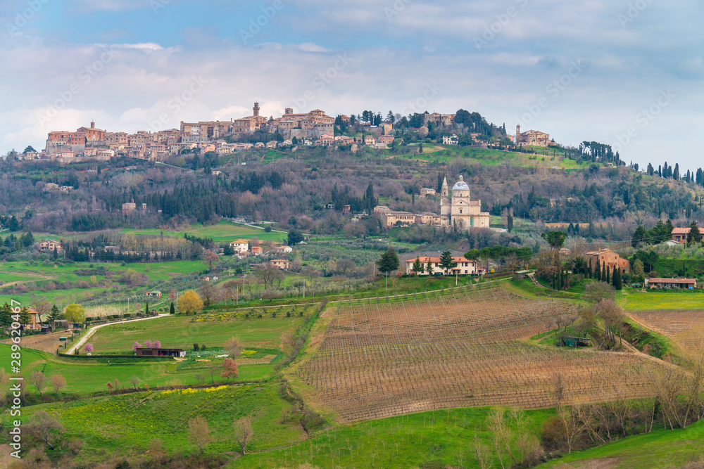 The medieval Montepulciano town on the hill and Church of San Biagio at Tuscany area, Italy.