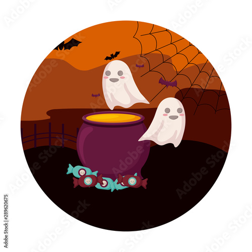 scene of cauldron with icons halloween