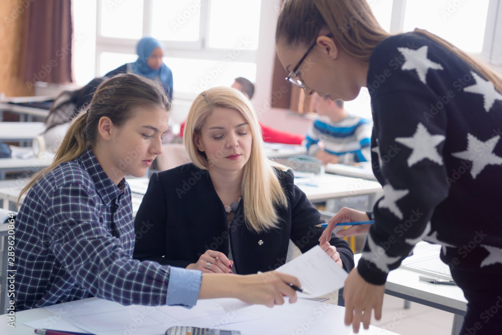 Obraz premium Female Architecture teacher at work. Female professor explain architectural projects to students. Beautiful female university architecture professor explain lessons to multiethnic students.