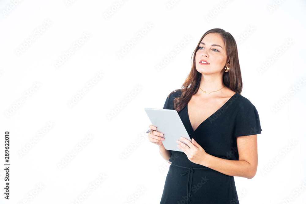 Beautiful, smart, attractive and mature business woman on isolated white background. Portrait smiling, thinking and confidence woman is executive, manager, secretary Beautiful, smart, attractive and mature business woman on isolated white background. Portrait smiling, thinking and confidence woman is executive, manager, secretary